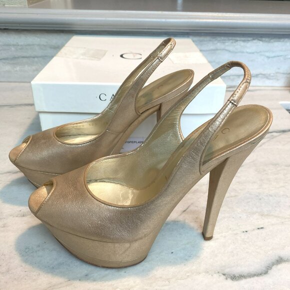 CASADEI Aluminum Caramel Peep Toe Platform Leather Heels Size 7-1/2 - Picture 4 of 9